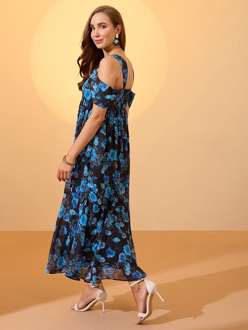 globus women blue floral printed square neck cold shoulder sleeves smocked fit & flare maxi dress - 21934658 - Standard Image - 2