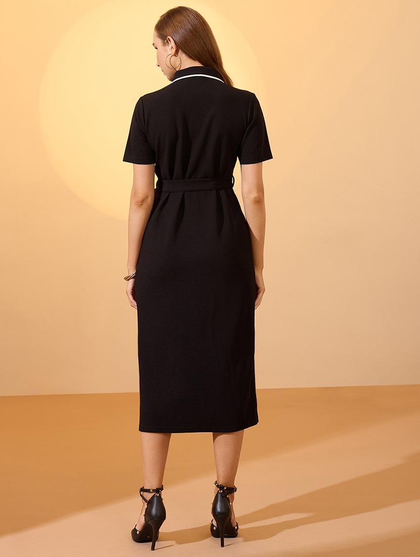 globus women black collared neck short sleeves belted midi shirt style workwear dress - 21934659 - Standard Image - 2