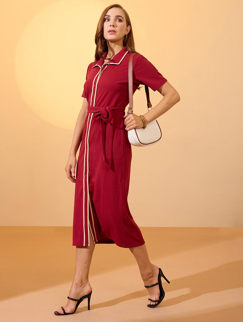 globus women maroon collared neck short sleeves belted midi shirt style workwear dress - 21934660 - Zoom Image - 0