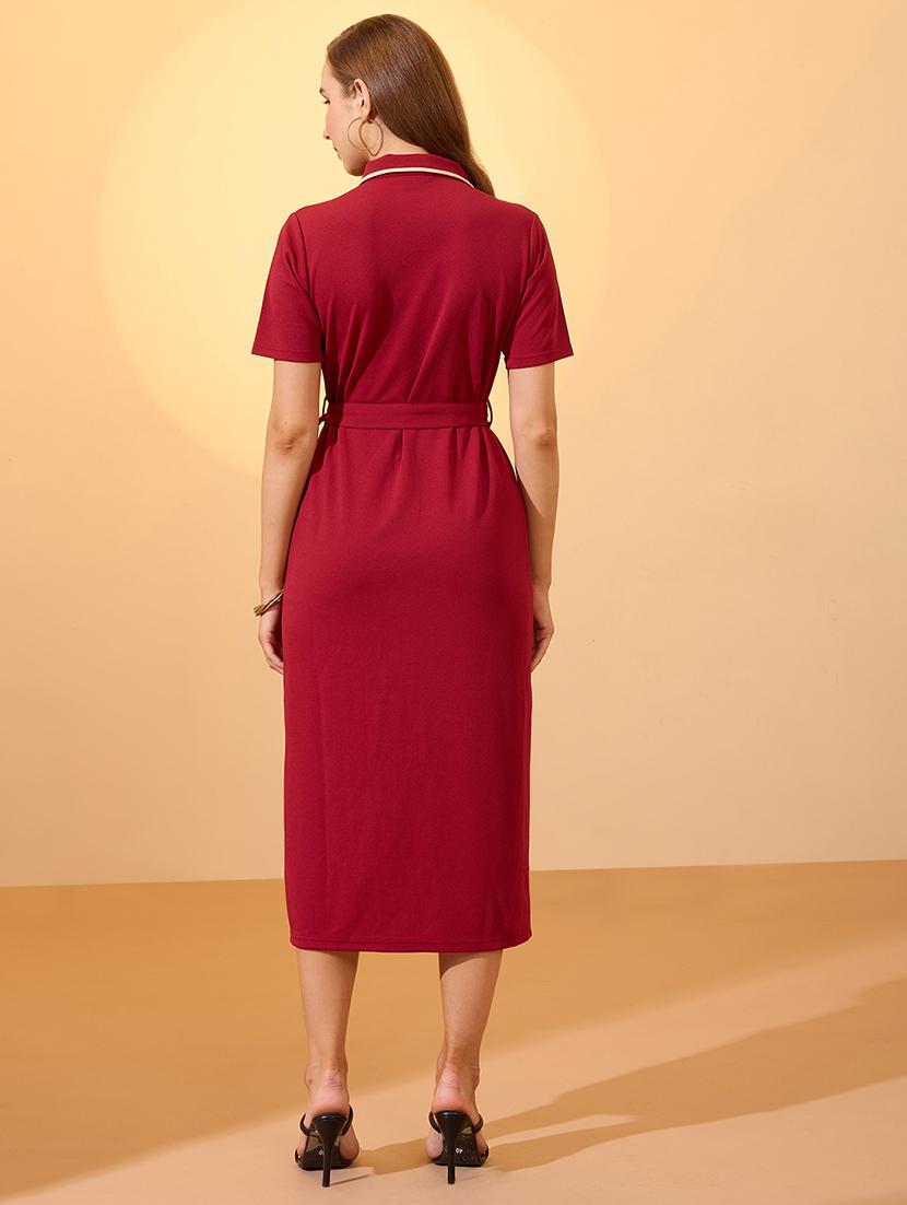 globus women maroon collared neck short sleeves belted midi shirt style workwear dress - 21934660 - Standard Image - 2