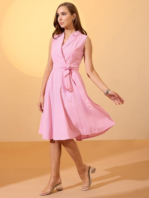 globus women pink stripes printed notch lapel belted midi workwear dress - 21934664 -  Standard Image - 0