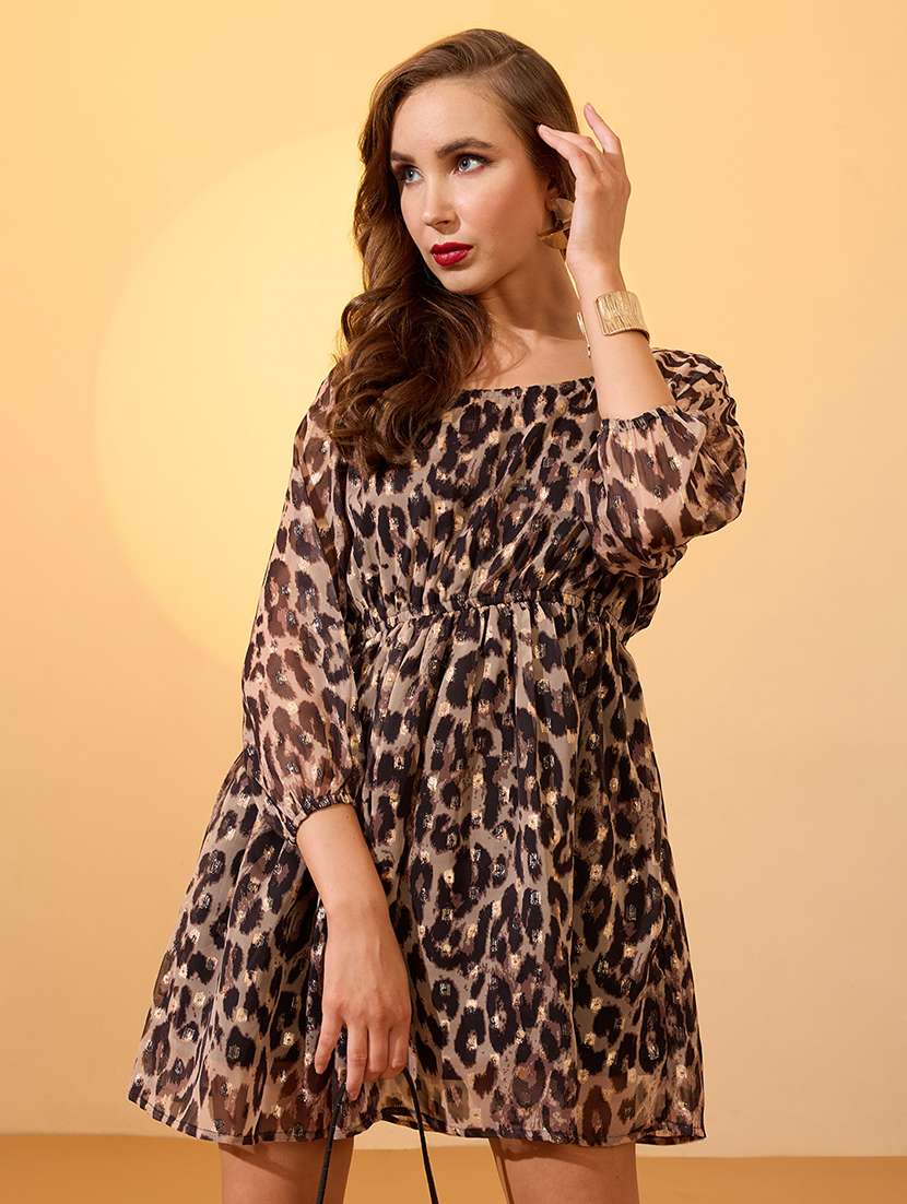 globus women brown round neck raglan sleeves animal print stylised back lurex detail mini fit & flare dress