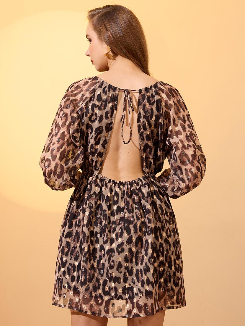globus women brown round neck raglan sleeves animal print stylised back lurex detail mini fit & flare dress - 21934667 - Standard Image - 2