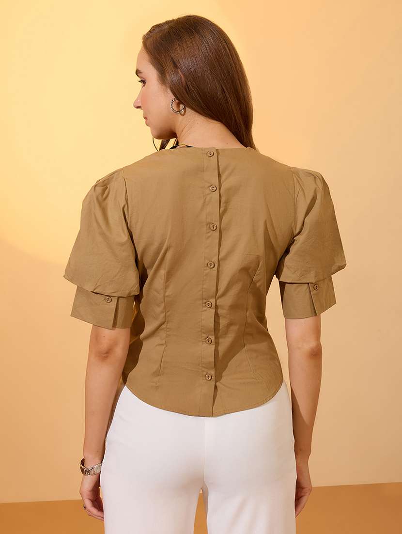 globus women khaki puff sleeve round neck back button shirt style workwear top - 21934669 -  Standard Image - 2