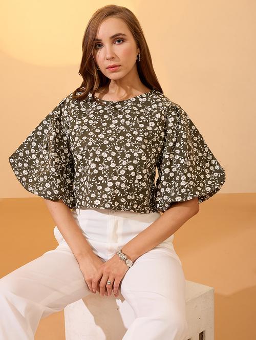 globus women green round neck puff sleeves floral print top - 21934675 - Standard Image - 0
