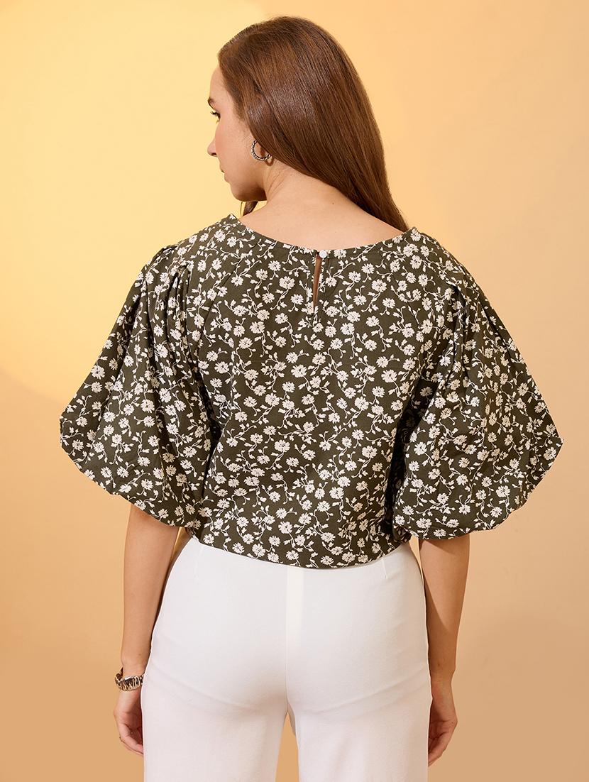 globus women green round neck puff sleeves floral print top - 21934675 - Standard Image - 2
