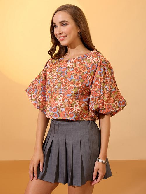 globus women multi round neck puff sleeves floral print top - 21934676 -  Standard Image - 0