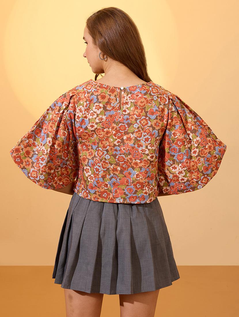 globus women multi round neck puff sleeves floral print top - 21934676 - Standard Image - 2