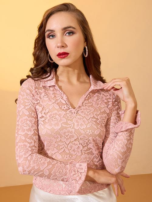 globus women pink collared v-neck floral lace party top - 21934677 -  Standard Image - 0