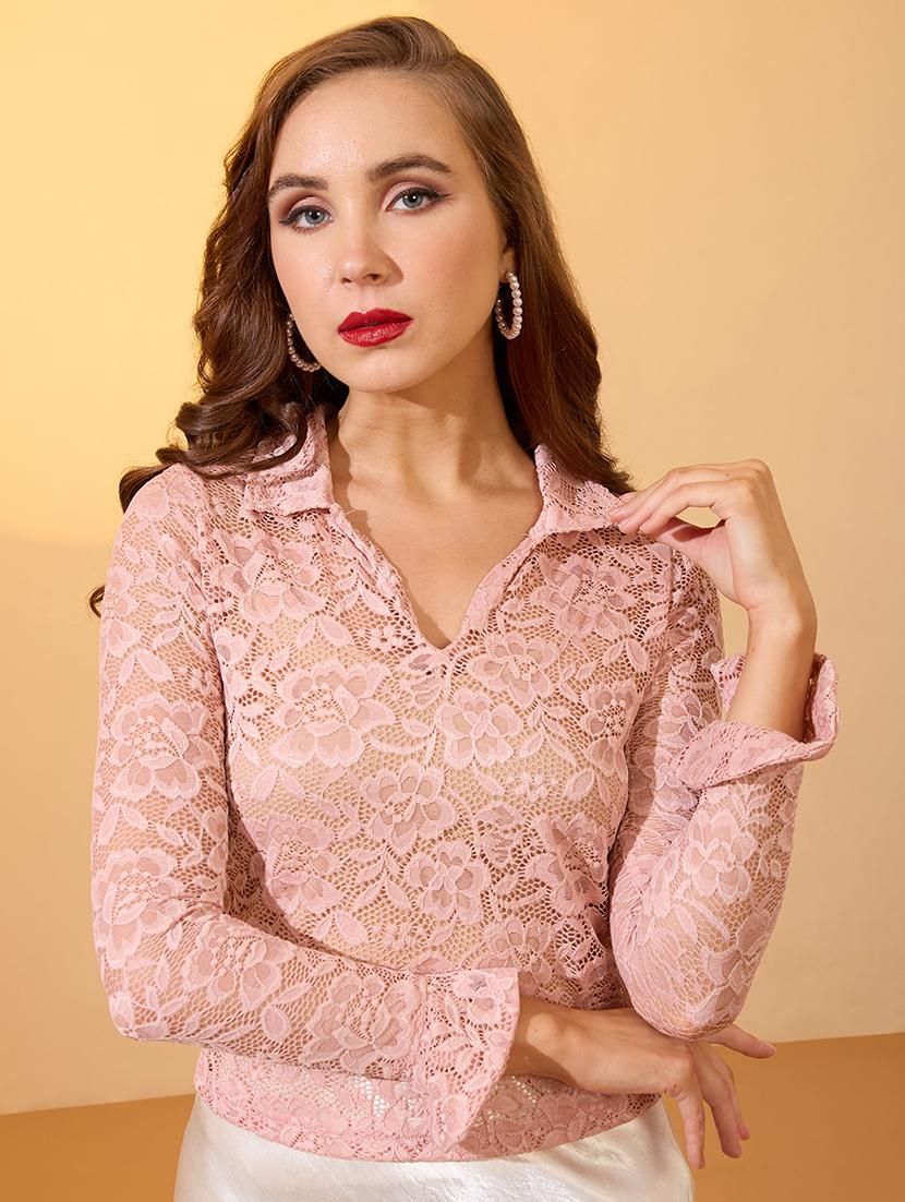 globus women pink collared v-neck floral lace party top - 21934677 -  Zoom Image - 0