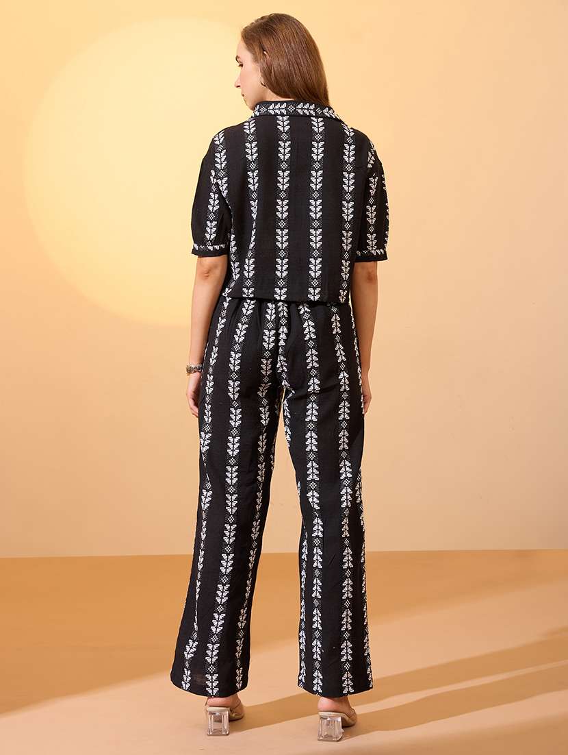 globus women black self design collared neck boxy fit crop shirt with wide leg trousers resort co-ords set - 21934681 -  Standard Image - 2