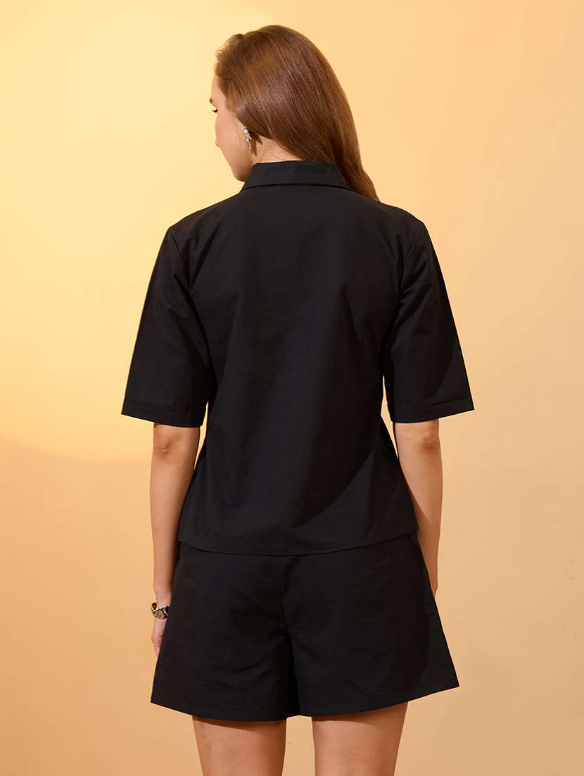 globus women black notch lapel collar embroidered border shirt with mini shorts resort co-ords set - 21934684 - Standard Image - 2
