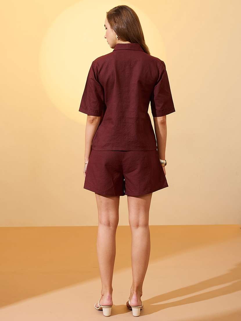 globus women brown notch lapel collar embroidered border shirt with mini shorts resort co-ords set - 21934685 - Standard Image - 2
