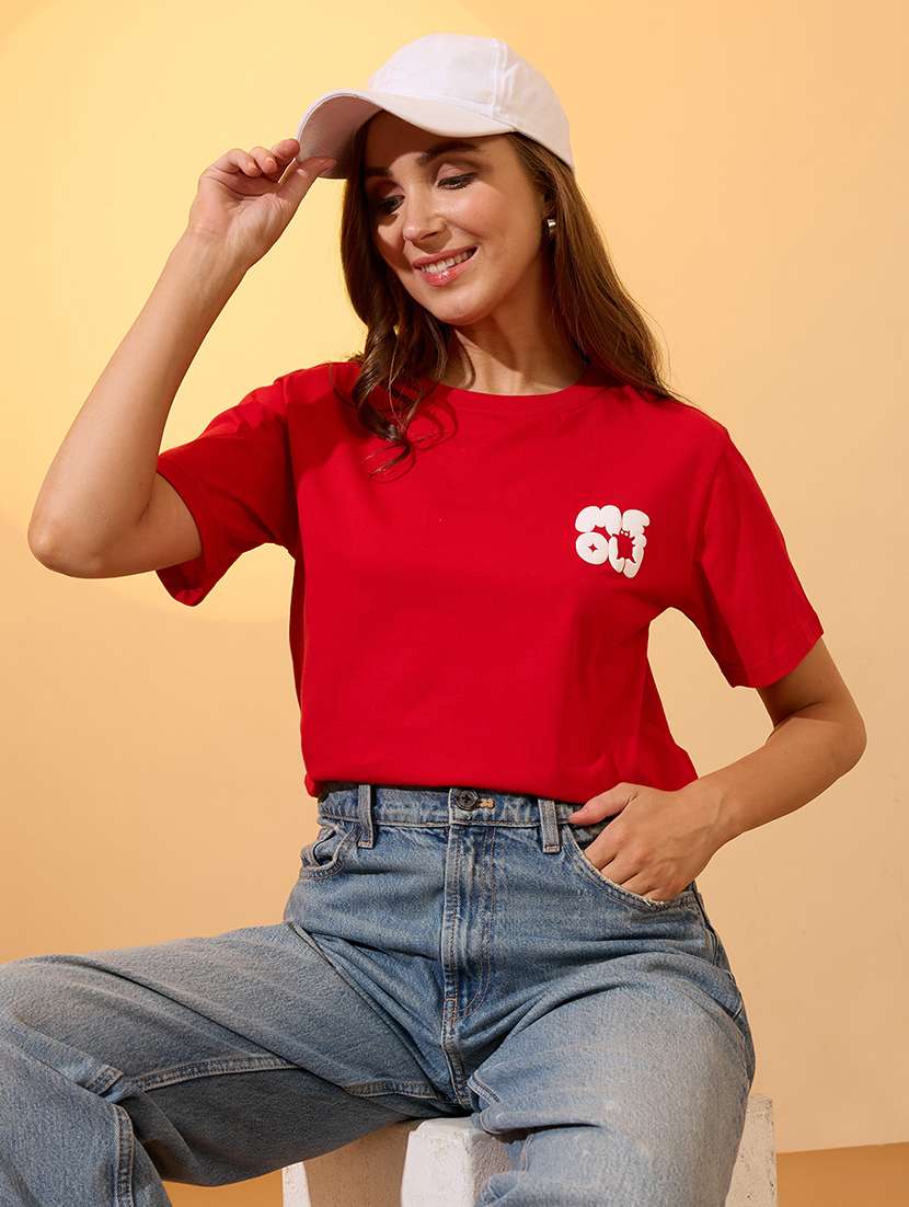 globus women red round neck short sleeves graphic print oversized crop t-shirt - 21934686 -  Zoom Image - 0