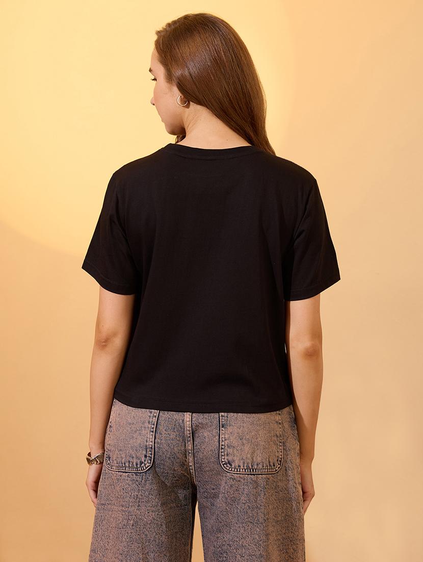 globus women black round neck short sleeves graphic print oversized crop t-shirt - 21934687 - Standard Image - 2