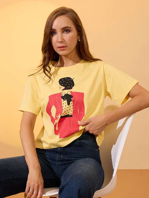 globus women yellow round neck short sleeves graphic print oversized crop t-shirt - 21934690 -  Standard Image - 0