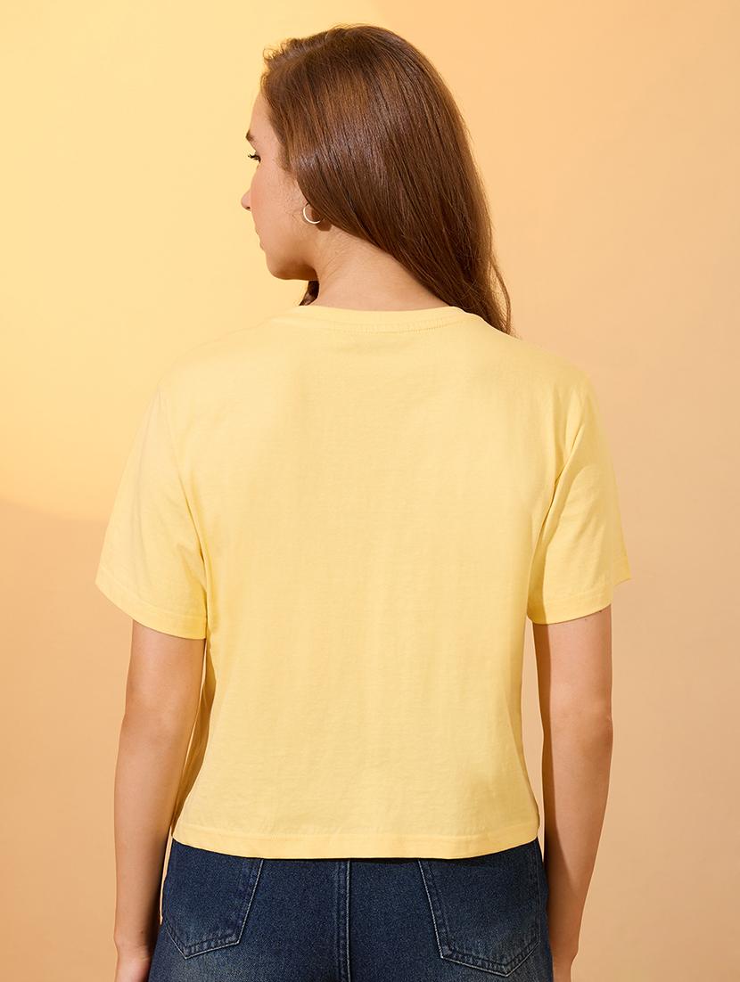 globus women yellow round neck short sleeves graphic print oversized crop t-shirt - 21934690 - Standard Image - 2