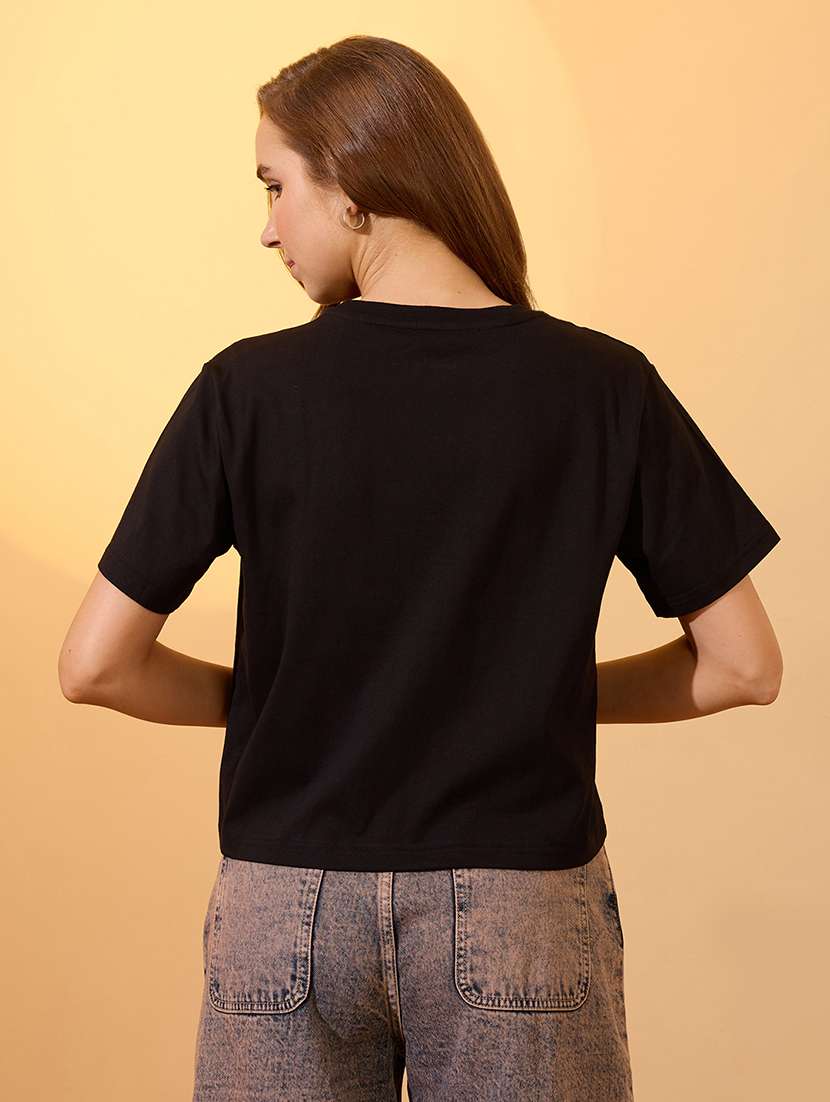globus women black round neck short sleeves typography print oversized crop t-shirt - 21934692 -  Standard Image - 2