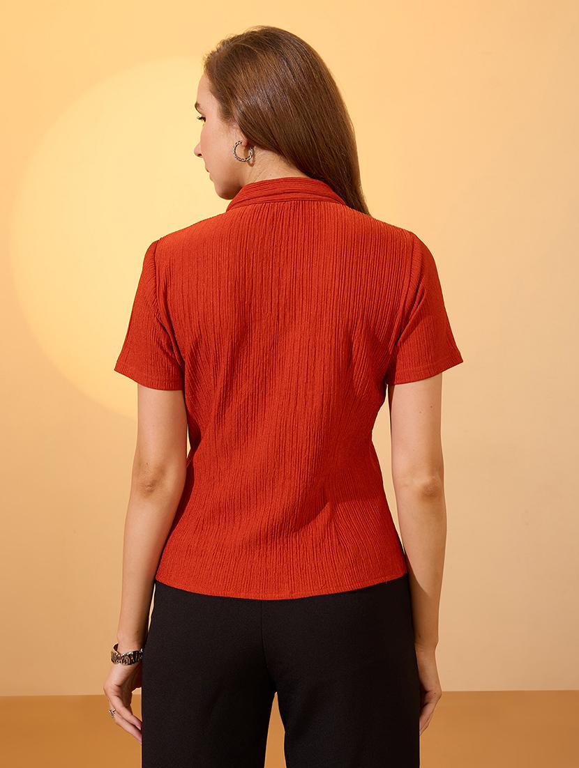globus women rust self design notch lapel collar short sleeves work wear shirt - 21934694 - Standard Image - 2