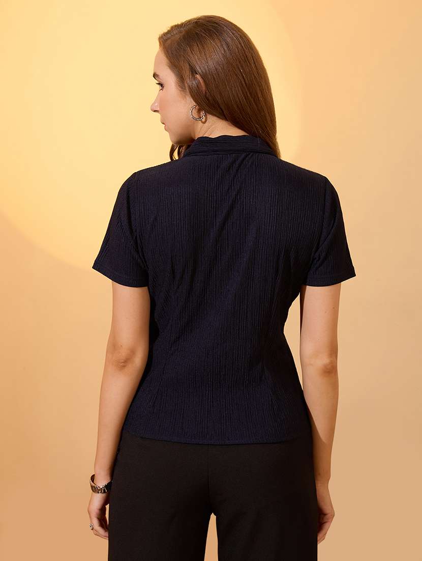 globus women navy blue self design notch lapel collar short sleeves work wear shirt - 21934695 -  Standard Image - 2