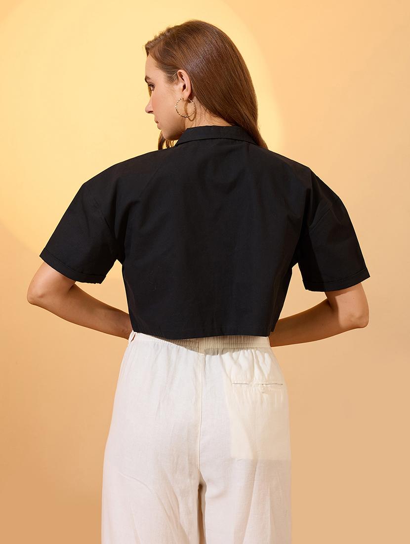 globus women black floral embroidered notch lapel collar boxy fit resort crop shirt - 21934696 - Standard Image - 2