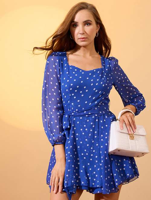 globus women blue sweetheart neck bishop sleeves polka dot playsuit with belt