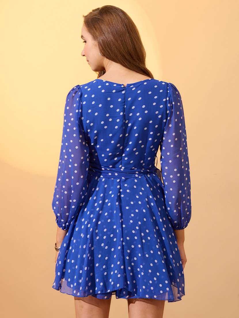 globus women blue sweetheart neck bishop sleeves polka dot playsuit with belt - 21934703 -  Standard Image - 2