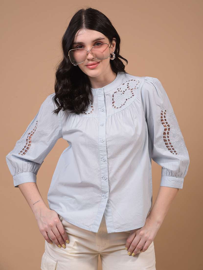 women solid puff sleeve mandarin neck shirt - 21934759 - Zoom Image - 0