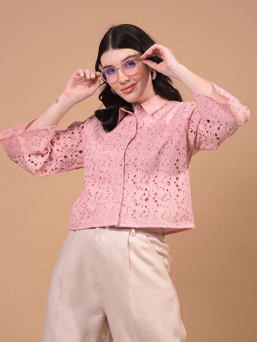 women puff sleeve schiffli crop shirt