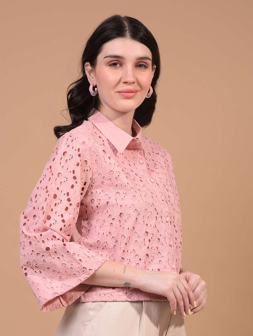 women puff sleeve schiffli crop shirt - 21934767 -  Standard Image - 2