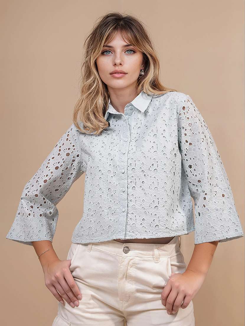 women puff sleeve schiffli crop shirt