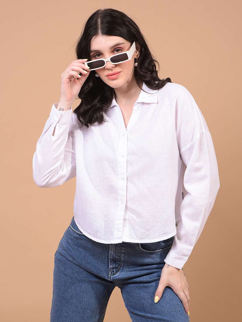 women solid collared puff sleeve crop shirt