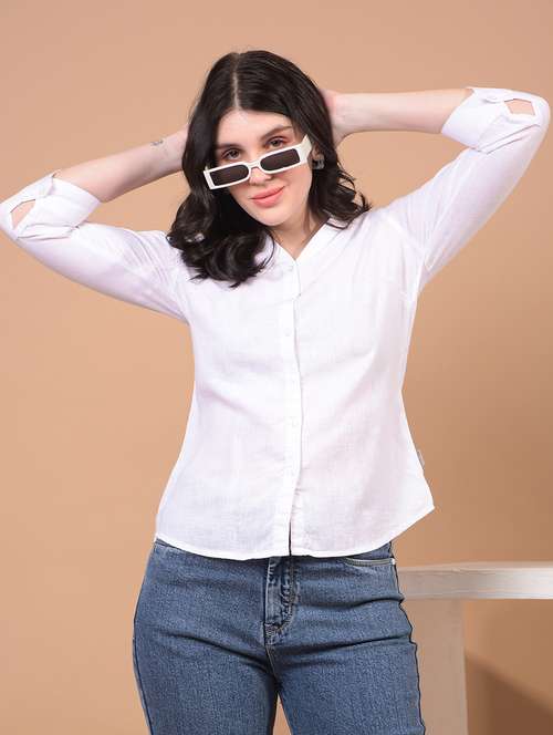 women solid collared long sleeve shirt - 21934772 - Standard Image - 0
