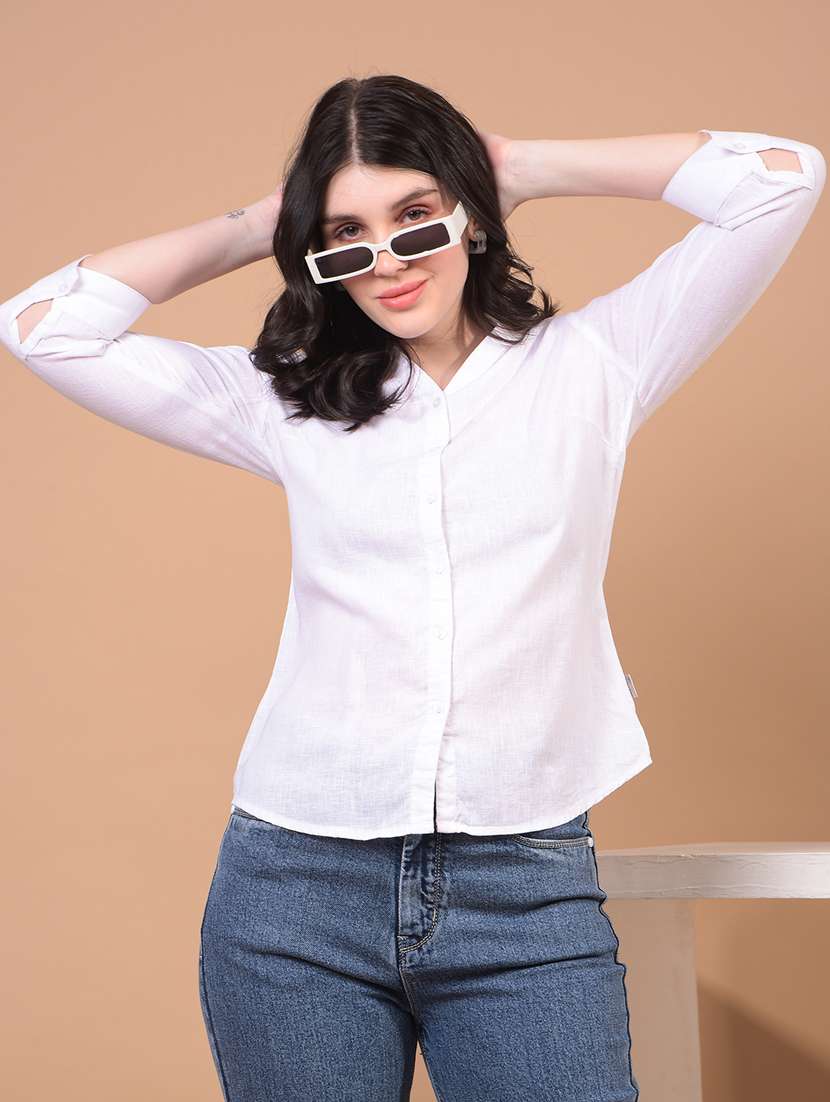 women solid collared long sleeve shirt - 21934772 - Zoom Image - 0
