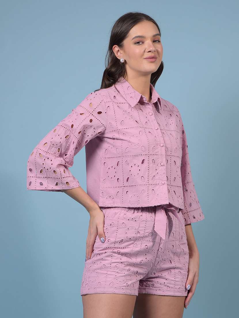 women collared schiffli crop shirt - 21934783 -  Standard Image - 2