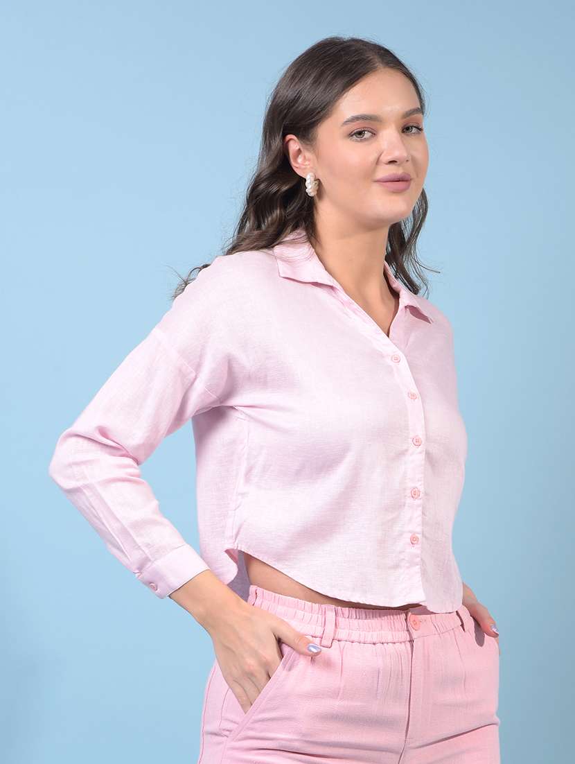 women solid collared long sleeve crop shirt - 21934796 - Standard Image - 2