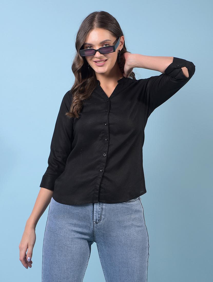 women black solid mandarin neck regular shirt - 21934798 -  Zoom Image - 0