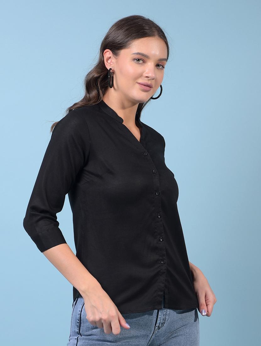 women black solid mandarin neck regular shirt - 21934798 - Standard Image - 2