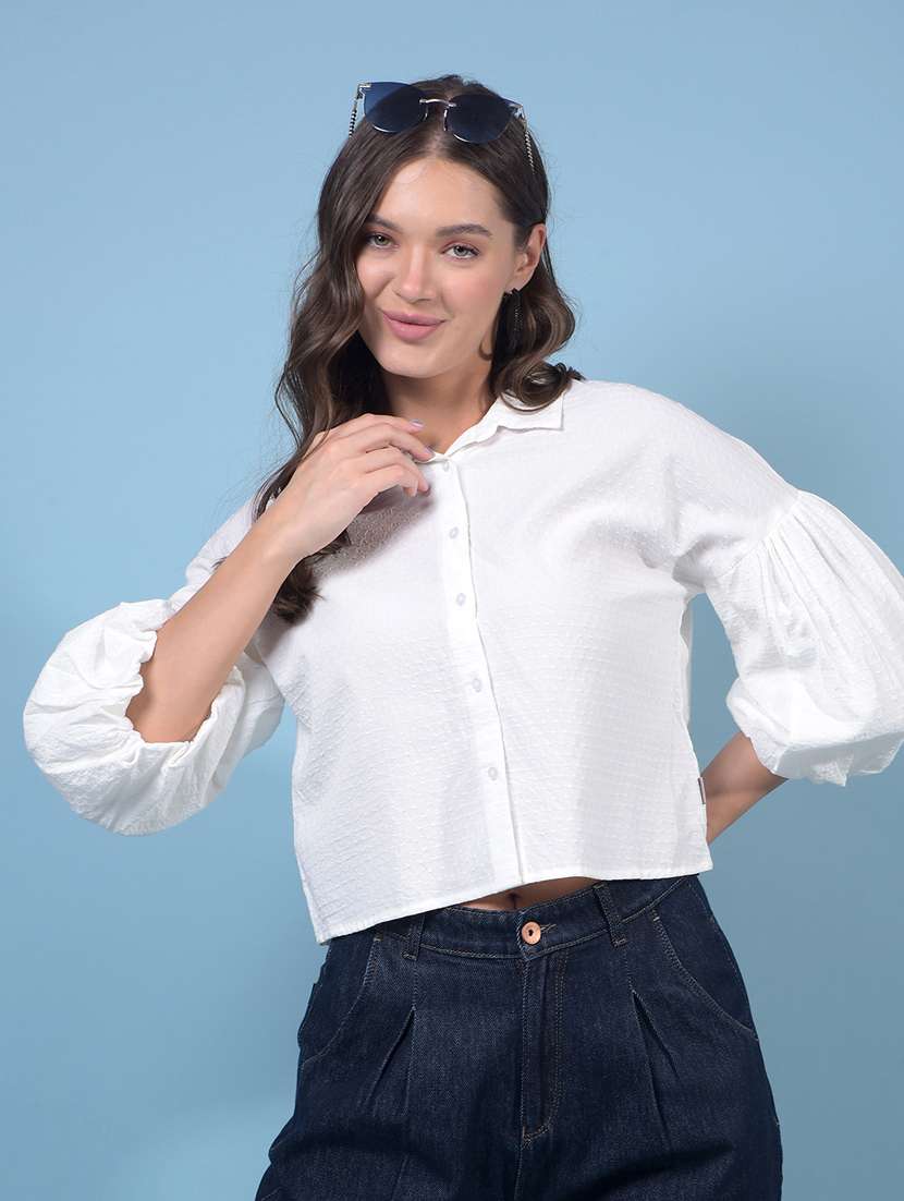 women solid collared puff sleeve crop shirt