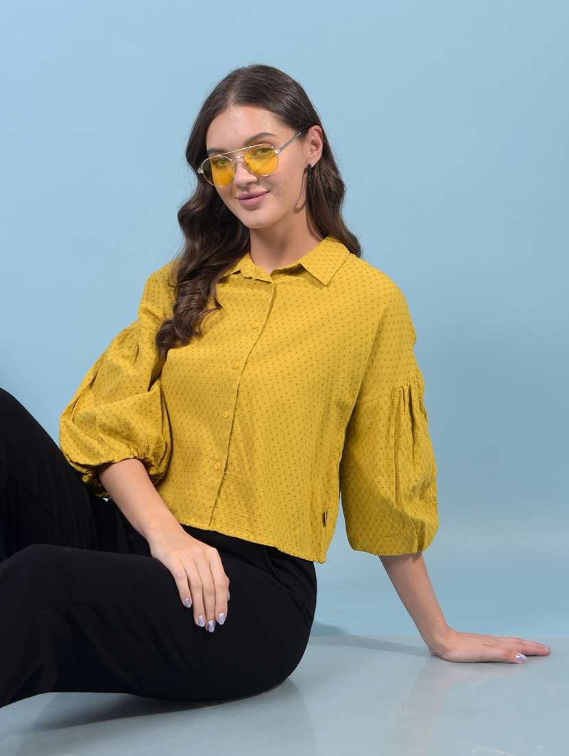 women self designed collared puff sleeve crop shirt