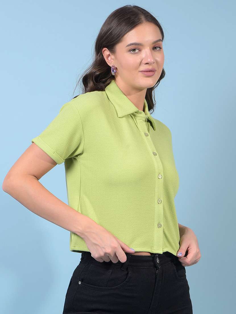 women solid collared short sleeve crop shirt - 21934805 -  Standard Image - 2