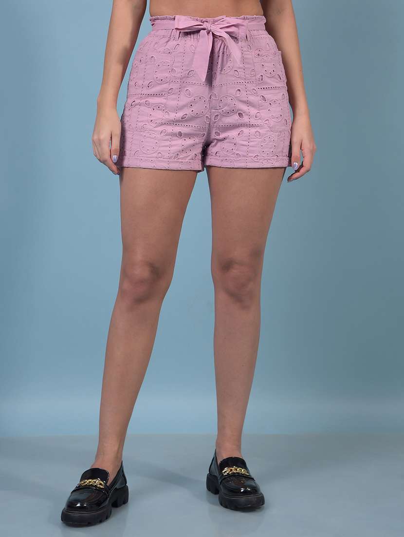 women lavender embroidered slim fit shorts