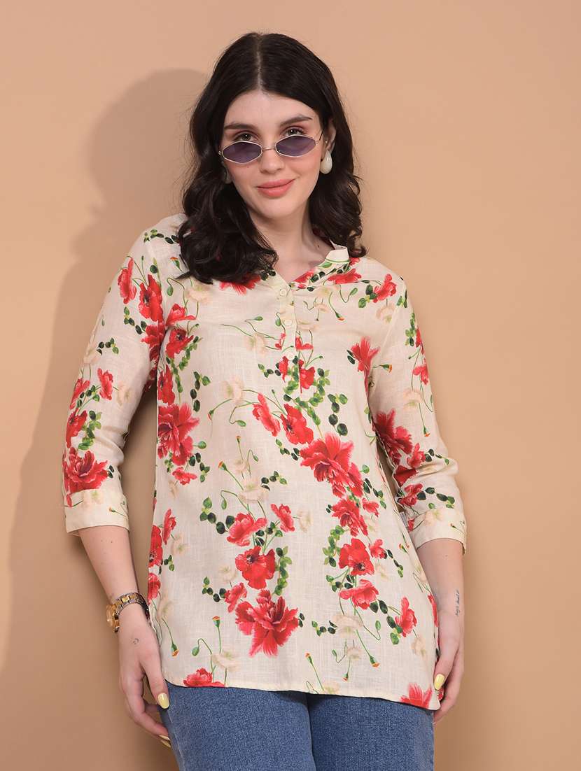 women floral print mandarin neck short kurti