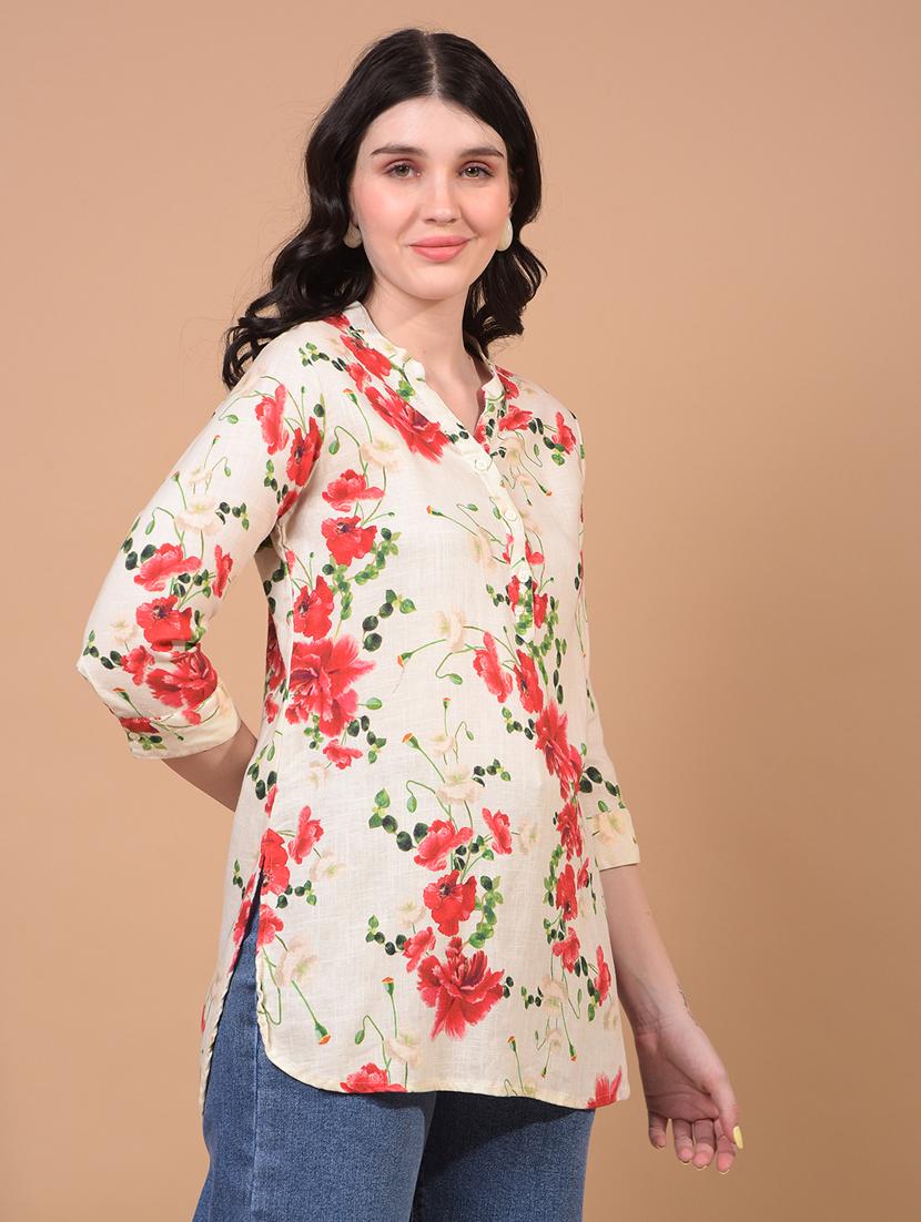 women floral print mandarin neck short kurti - 21934812 - Standard Image - 2