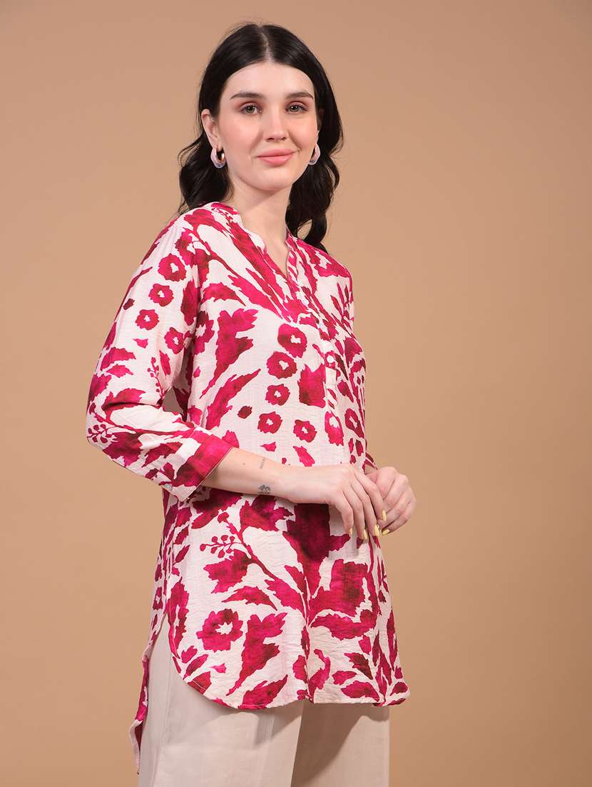women printed mandarin neck high low kurti - 21934823 - Standard Image - 2