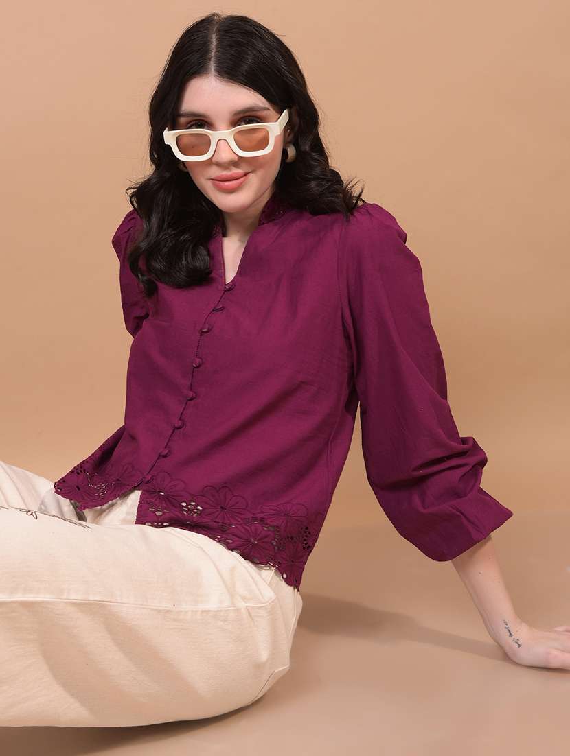 women lace detailed puff sleeve regular top