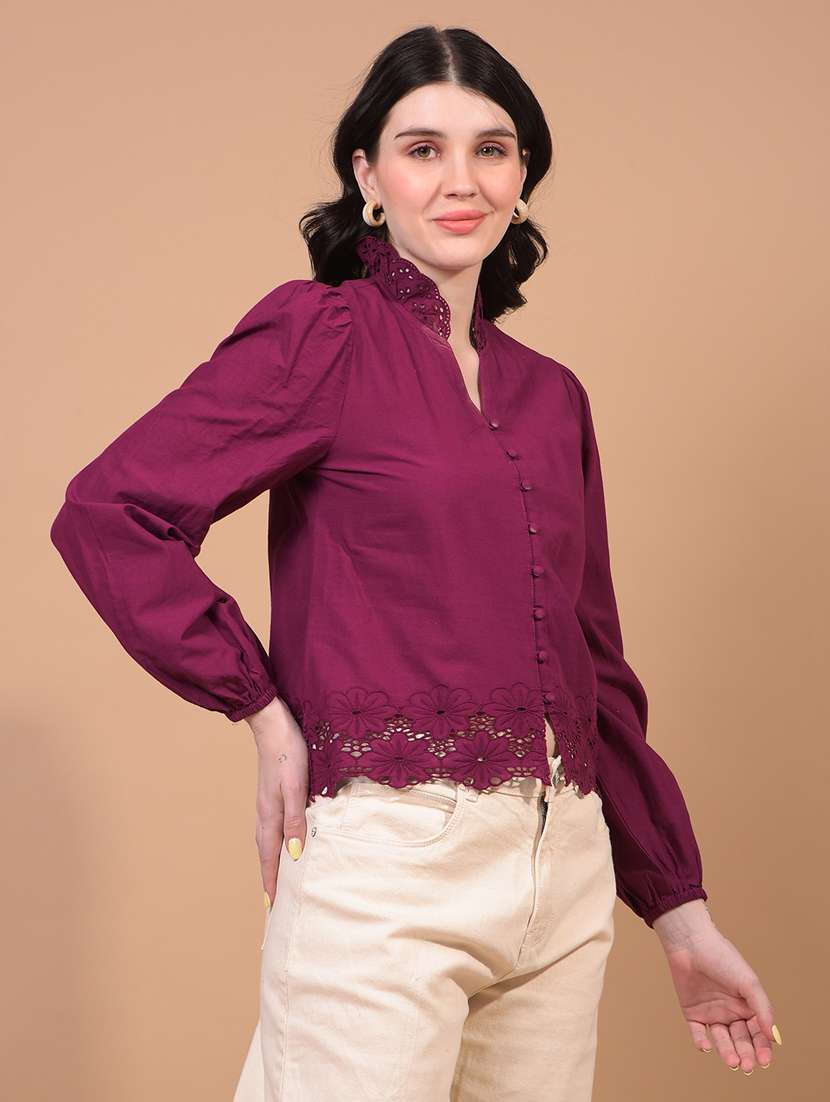 women lace detailed puff sleeve regular top - 21934824 -  Standard Image - 2