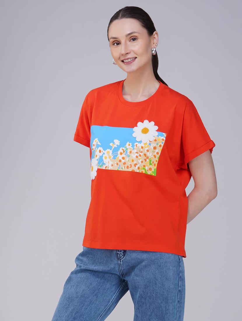 women orange cotton blend floral printed t-shirt - 21935500 - Standard Image - 2