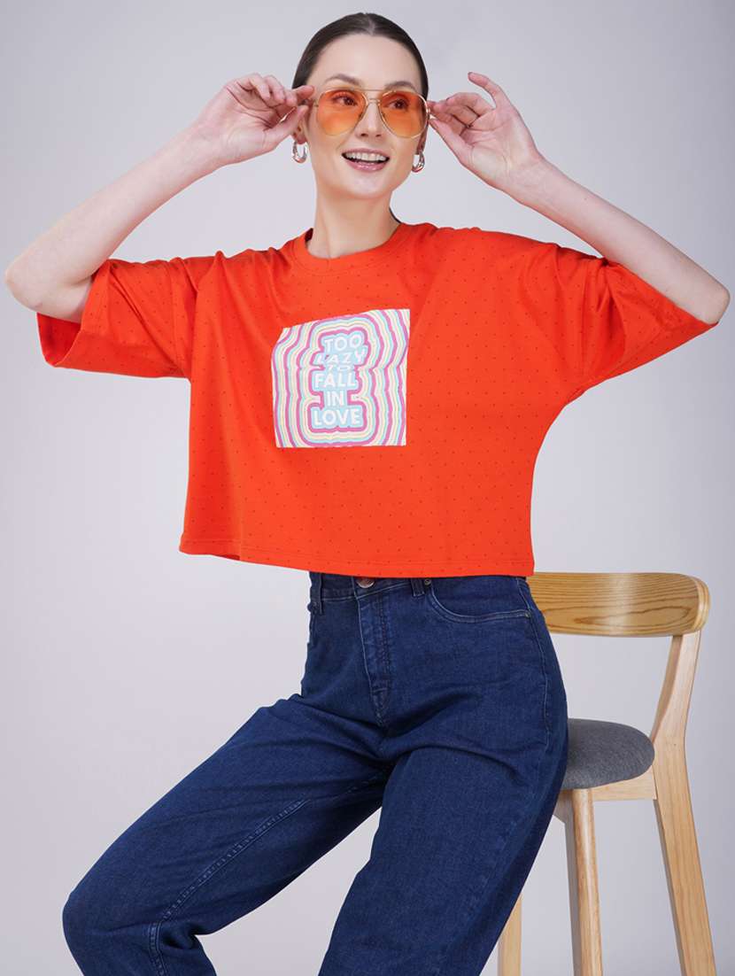 women printed short sleeve regular fit crop t-shirt