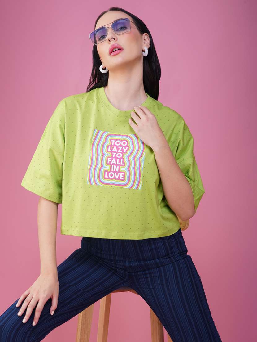 women printed short sleeve regular fit crop t-shirt